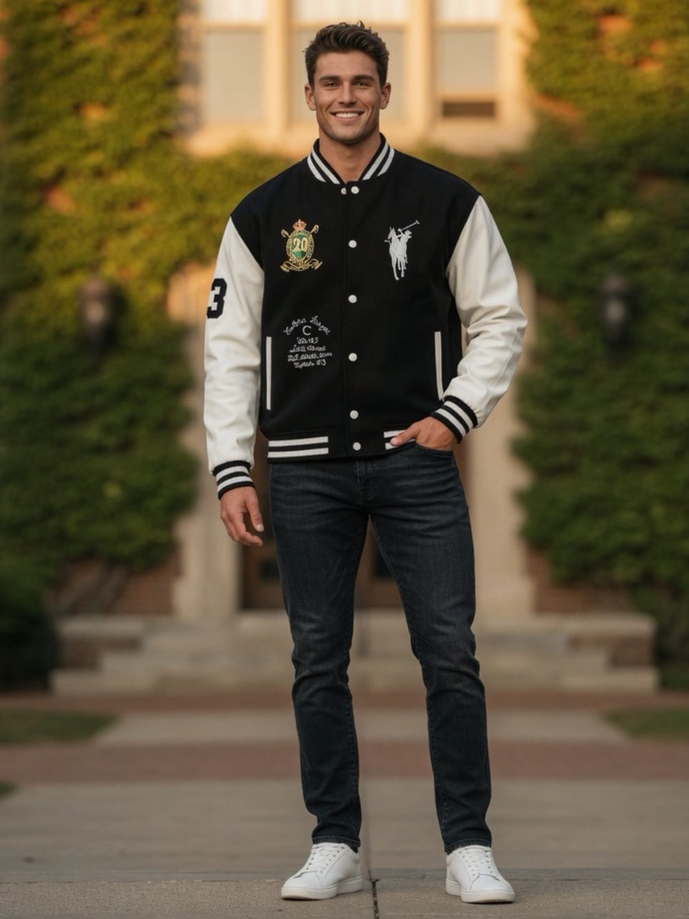 Polo by Ralph Lauren Black and White Varsity Bomber Jacket
